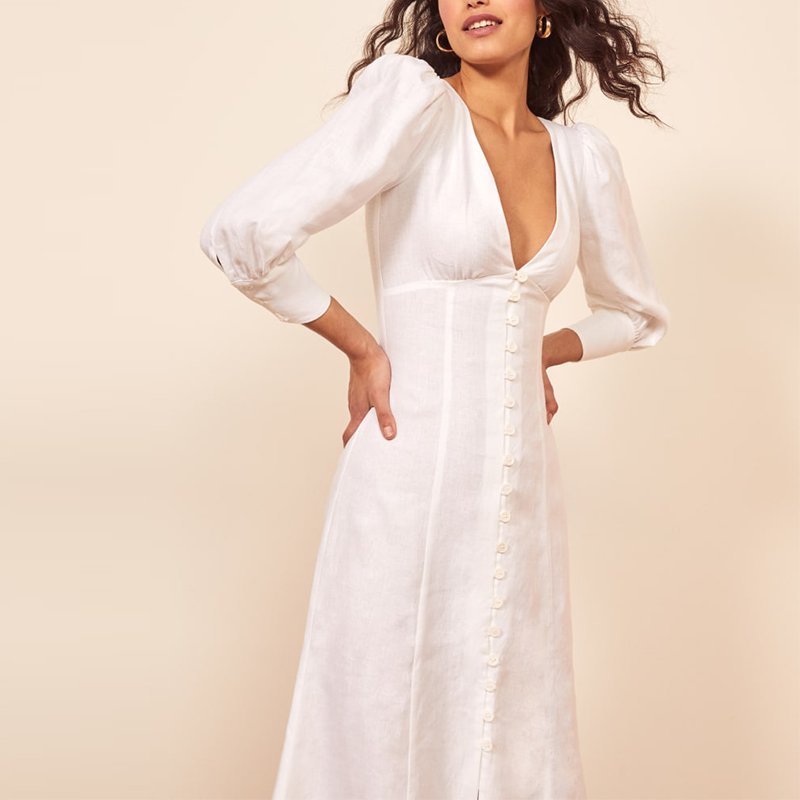 Linen Deep V Neck Long Sleeve a Line Fitted Midi Dress New Arrival White Casual Dresses Spring Bohemian Decorated with Button