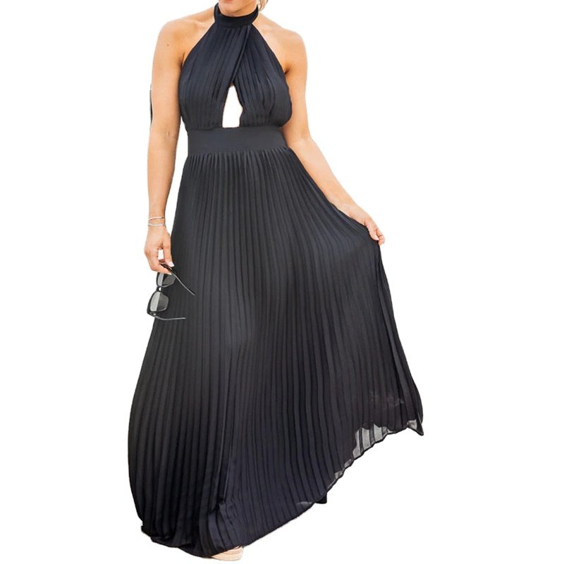 2022 summer new halter neck pleated long dress high waist backless large swing for women beach casual street wear dress