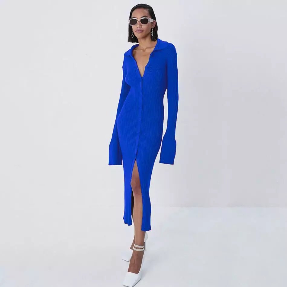 WTG8331 Autumn Women Knit Dresses Lady Single Breasted Lantern Sleeve Elegant Split Bodycon Dresses