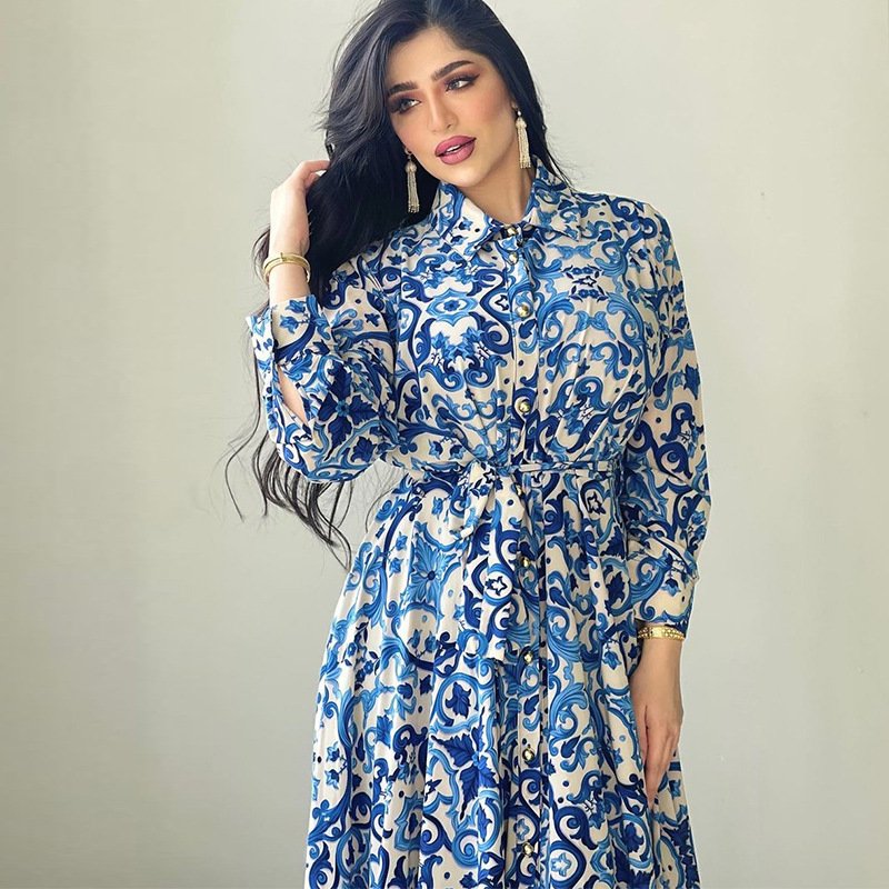 Fashion New Release Blue Floral Print Long Sleeve Casual Shirt Dress Women Elegant Maxi Dress Customized Logo OEM Service Abaya