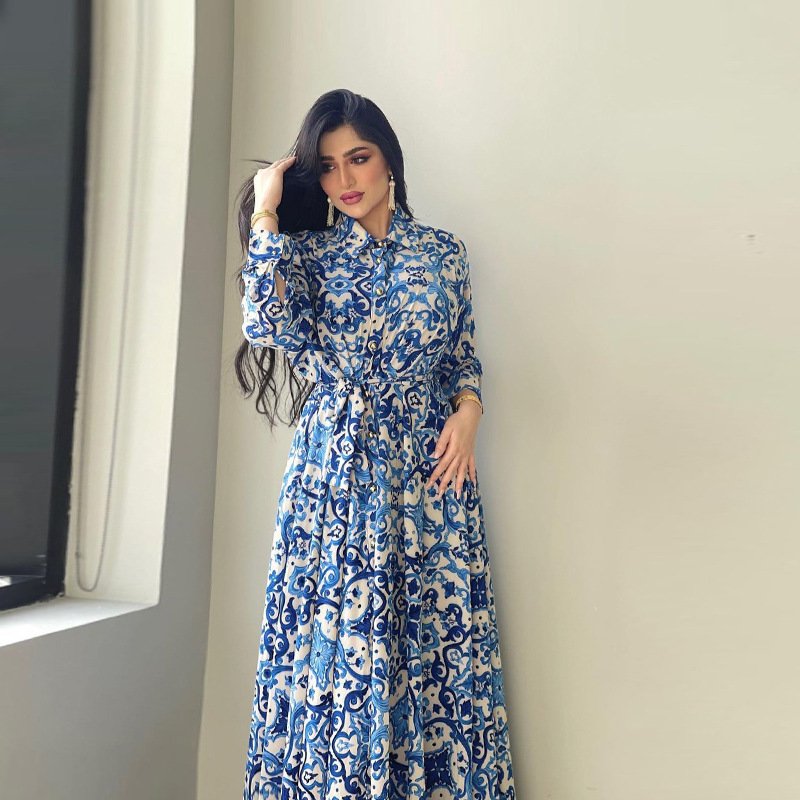 Fashion New Release Blue Floral Print Long Sleeve Casual Shirt Dress Women Elegant Maxi Dress Customized Logo OEM Service Abaya