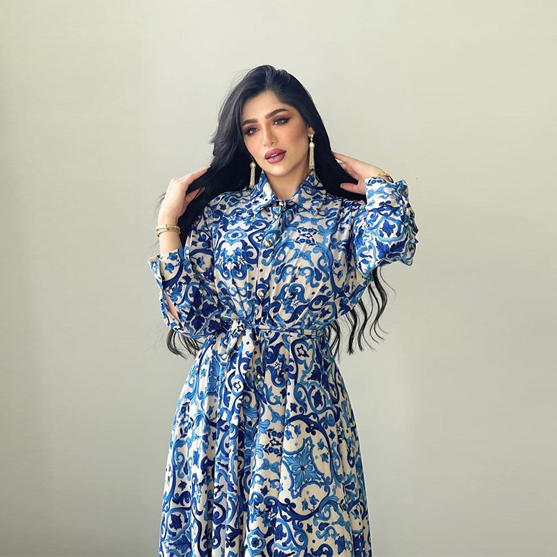 Fashion New Release Blue Floral Print Long Sleeve Casual Shirt Dress Women Elegant Maxi Dress Customized Logo OEM Service Abaya