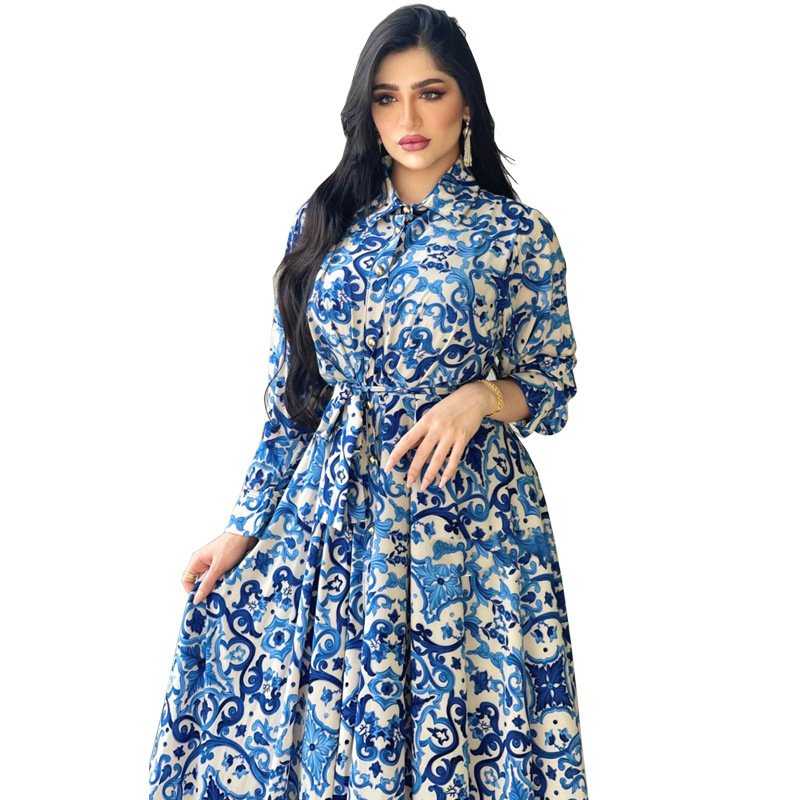 Fashion New Release Blue Floral Print Long Sleeve Casual Shirt Dress Women Elegant Maxi Dress Customized Logo OEM Service Abaya