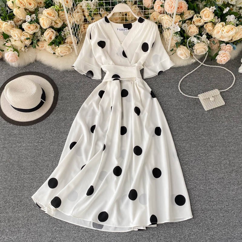 Wholesale Women Clothing Short Sleeve V-neck A-Line casual Dress High Waist Midi Dress Ladies Retro casual Dresses