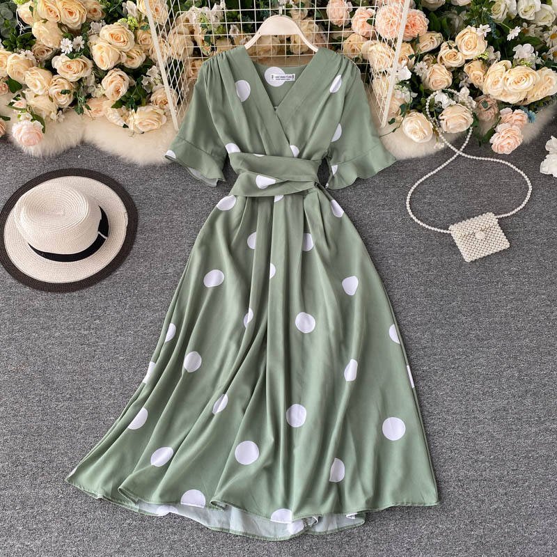 Wholesale Women Clothing Short Sleeve V-neck A-Line casual Dress High Waist Midi Dress Ladies Retro casual Dresses