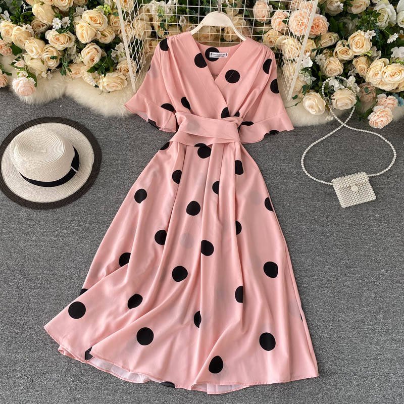 Wholesale Women Clothing Short Sleeve V-neck A-Line casual Dress High Waist Midi Dress Ladies Retro casual Dresses