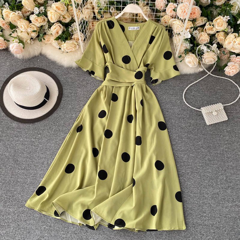 Wholesale Women Clothing Short Sleeve V-neck A-Line casual Dress High Waist Midi Dress Ladies Retro casual Dresses