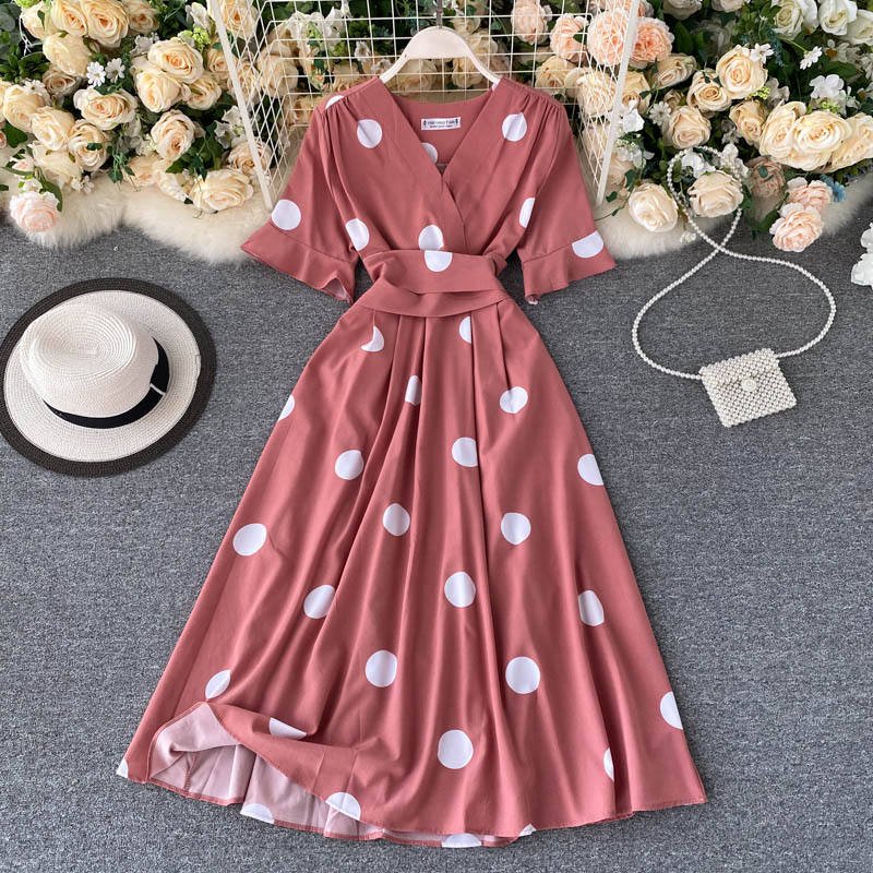 Wholesale Women Clothing Short Sleeve V-neck A-Line casual Dress High Waist Midi Dress Ladies Retro casual Dresses