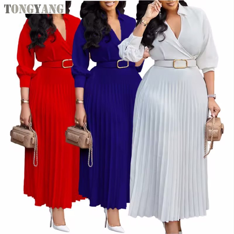 TONGYANG Trendy Spring Dresses Women Lady Elegant Solid Color Long sleeve V-neck Pleated Dress Elegant Casual Dresses With Belt