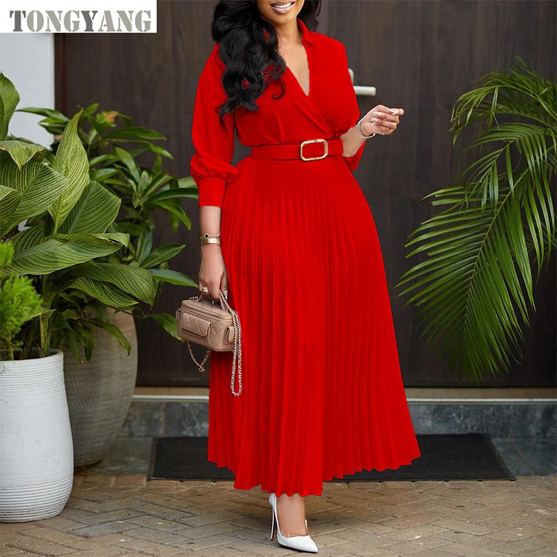 TONGYANG Trendy Spring Dresses Women Lady Elegant Solid Color Long sleeve V-neck Pleated Dress Elegant Casual Dresses With Belt