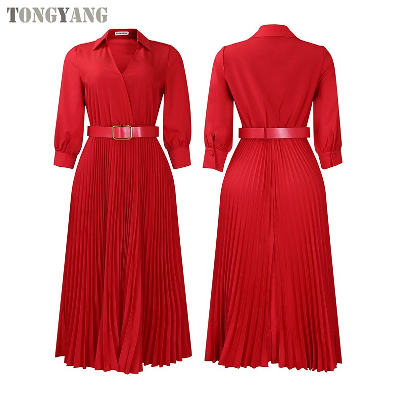 TONGYANG Trendy Spring Dresses Women Lady Elegant Solid Color Long sleeve V-neck Pleated Dress Elegant Casual Dresses With Belt