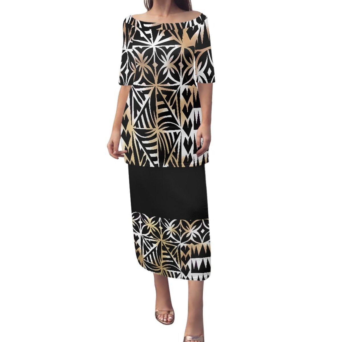 2024 Hot Sales Hawaiian Tropical Style Design Custom Big Size 4XL Women Two Piece Set Off Shoulder Dress Puletasi Maxi Dress
