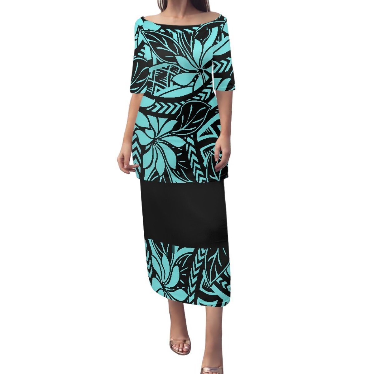 2024 Hot Sales Hawaiian Tropical Style Design Custom Big Size 4XL Women Two Piece Set Off Shoulder Dress Puletasi Maxi Dress