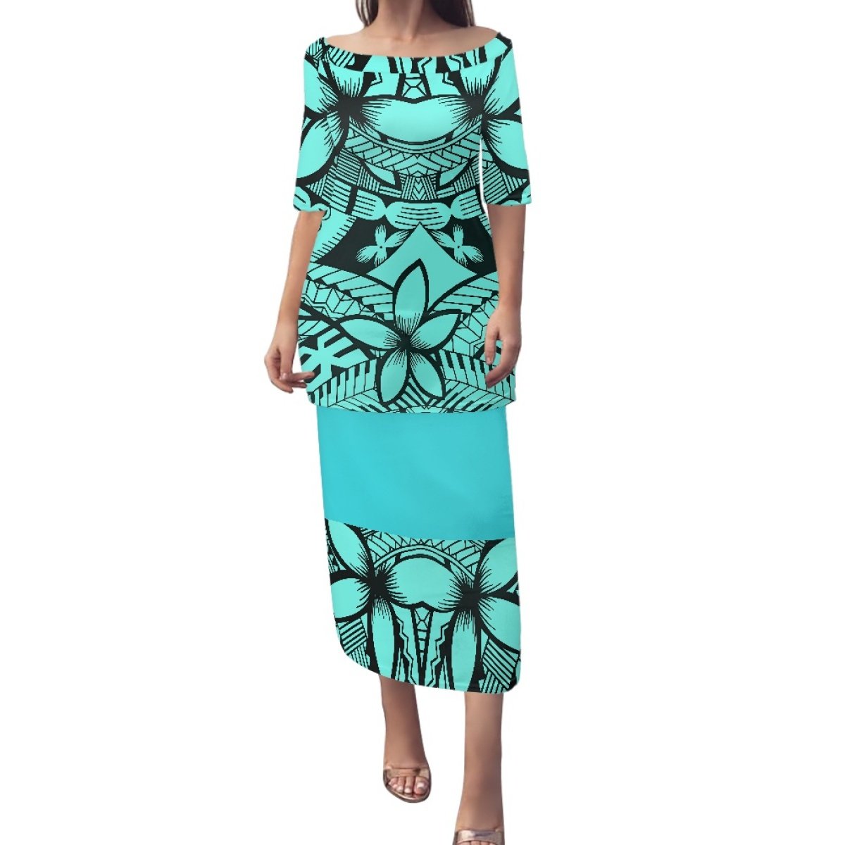 2024 Hot Sales Hawaiian Tropical Style Design Custom Big Size 4XL Women Two Piece Set Off Shoulder Dress Puletasi Maxi Dress