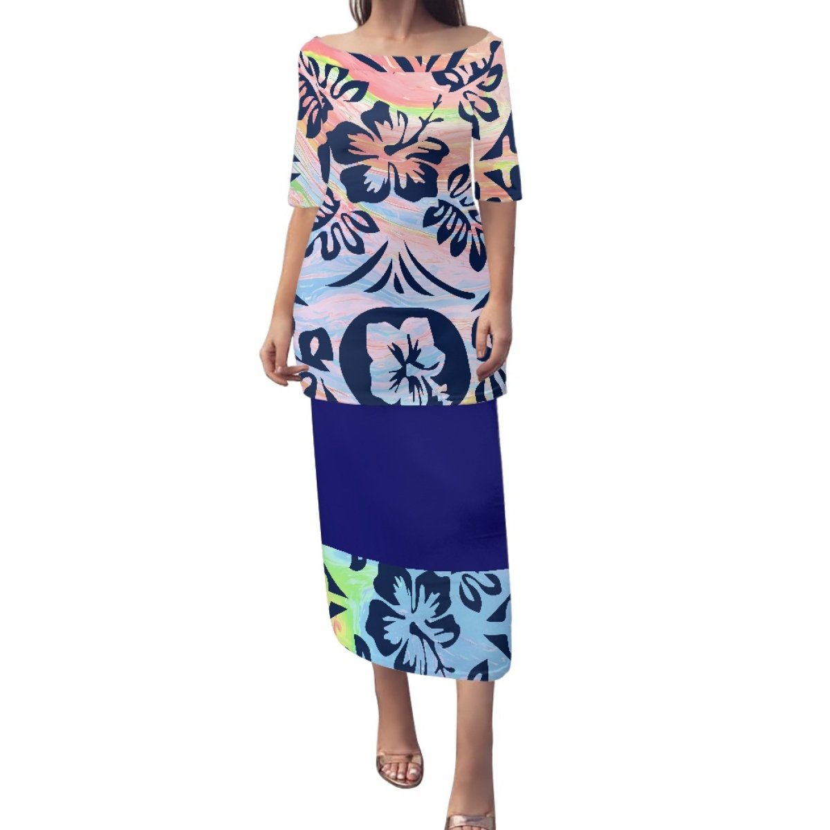 2024 Hot Sales Hawaiian Tropical Style Design Custom Big Size 4XL Women Two Piece Set Off Shoulder Dress Puletasi Maxi Dress