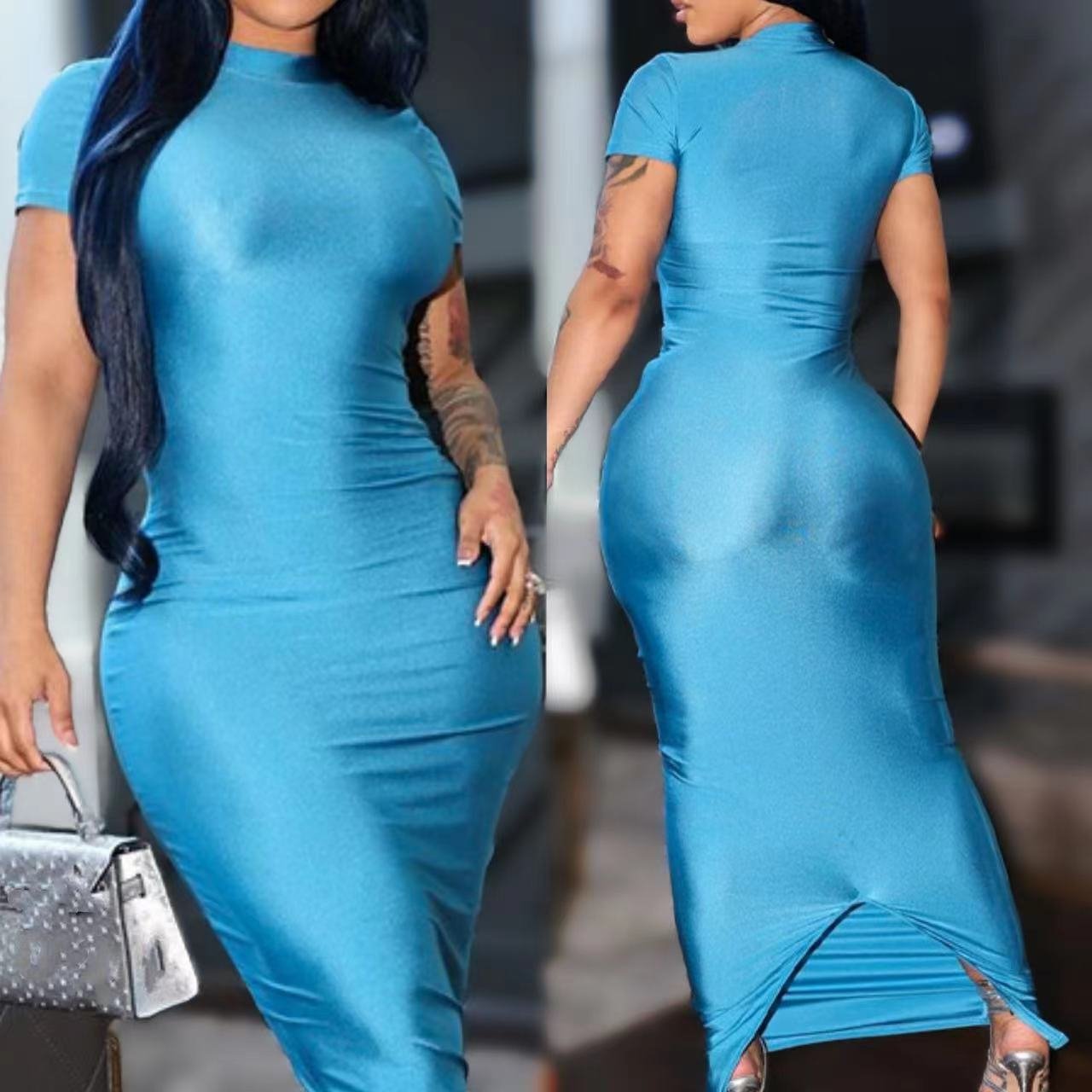 lady maxi dress women 2023 summer polyester bodycon slim fit pencil long splits dress at back custom famous brand clothing