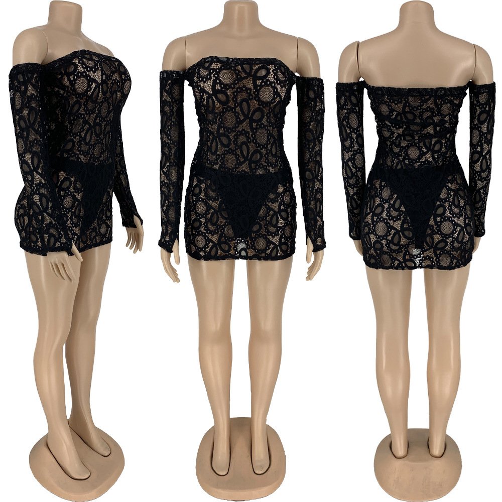OLAF Trendy Women's Fashion Off Shoulder Long Sleeve Lace Hollow Out Sexy Club Party Mini Bodycon Casual Dresses Women Elegant
