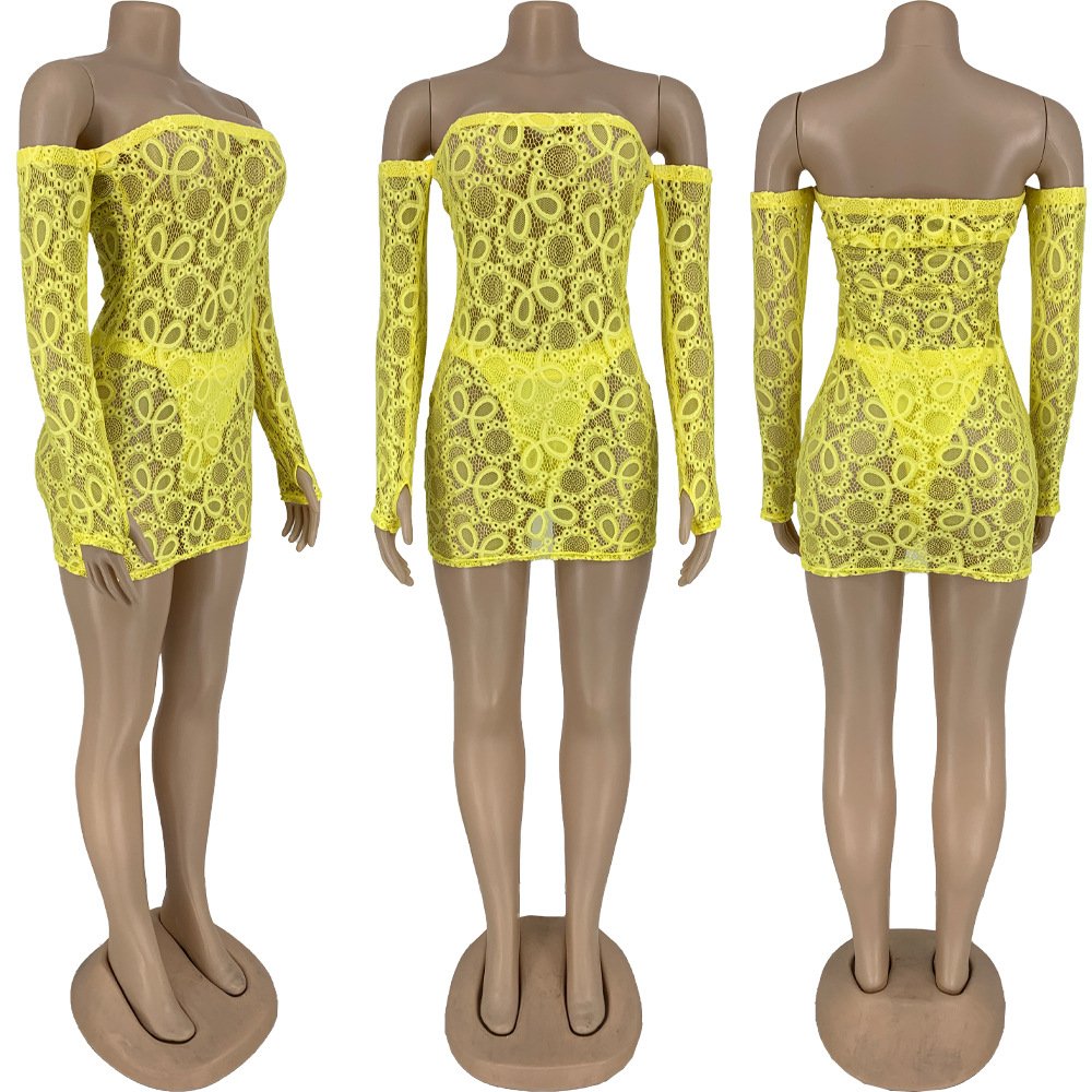 OLAF Trendy Women's Fashion Off Shoulder Long Sleeve Lace Hollow Out Sexy Club Party Mini Bodycon Casual Dresses Women Elegant