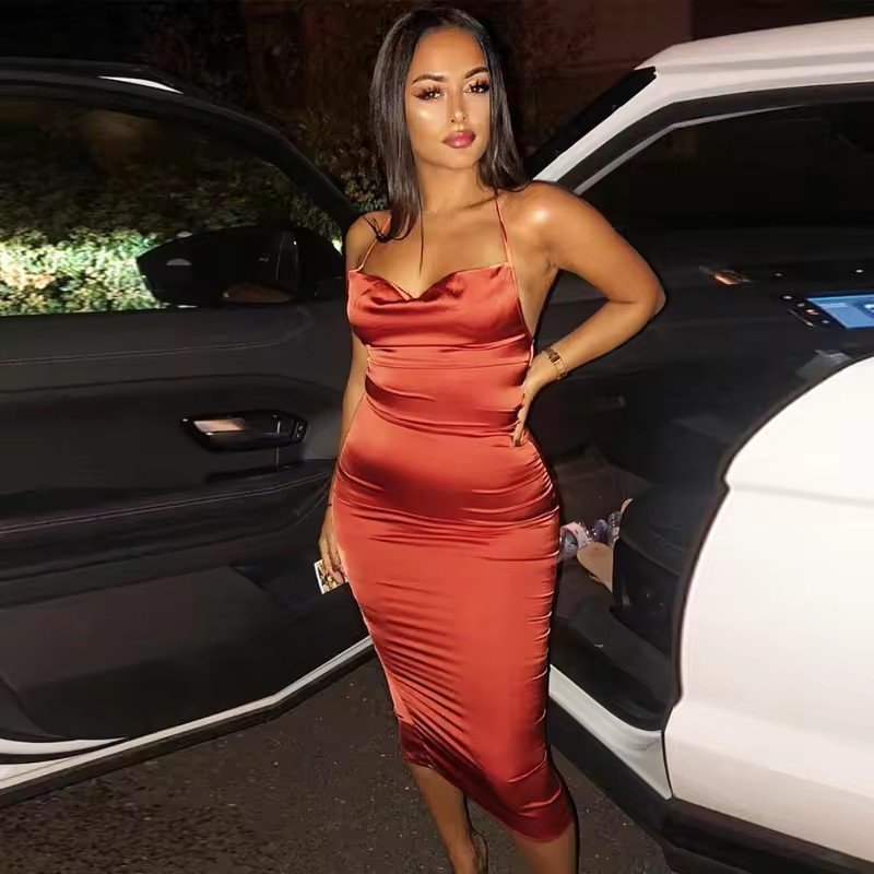 SFY2917 Satin Lace Up Summer Women Bodycon Long Midi Vintage Backless Elegant Party Outfits Sexy Club Clothes Dress Robe