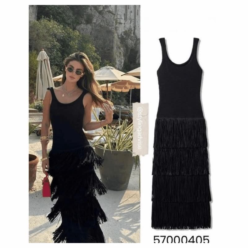 High Quality Summer Sleeveless Tank Top U Neck Solid Color Hem Tassel Knitted Strapless Dress