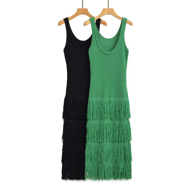 High Quality Summer Sleeveless Tank Top U Neck Solid Color Hem Tassel Knitted Strapless Dress