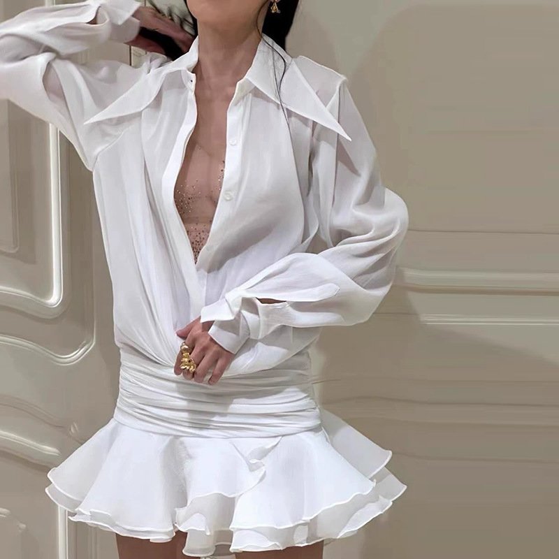 Summer New Arrival Ladies Long Sleeve Turndown Neck Casual Dress Sexy See Through Women Mini Dress