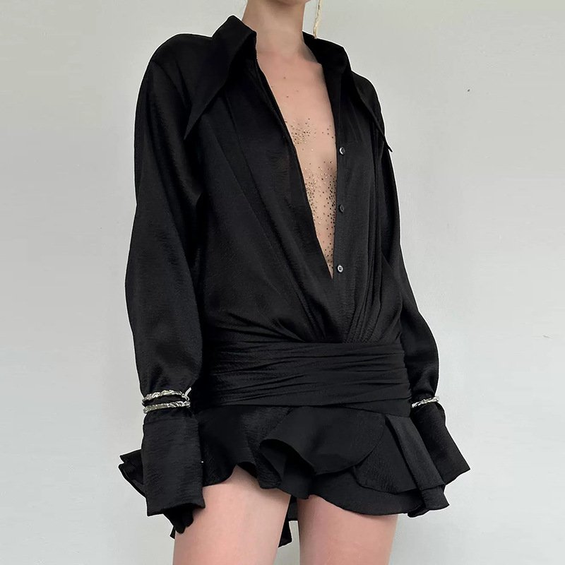Summer New Arrival Ladies Long Sleeve Turndown Neck Casual Dress Sexy See Through Women Mini Dress