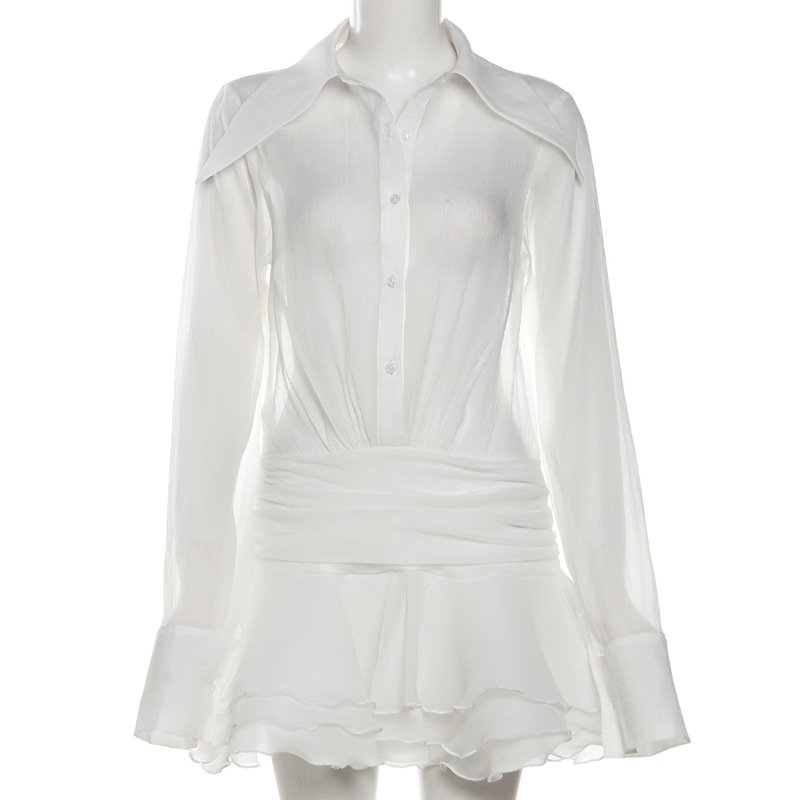Summer New Arrival Ladies Long Sleeve Turndown Neck Casual Dress Sexy See Through Women Mini Dress