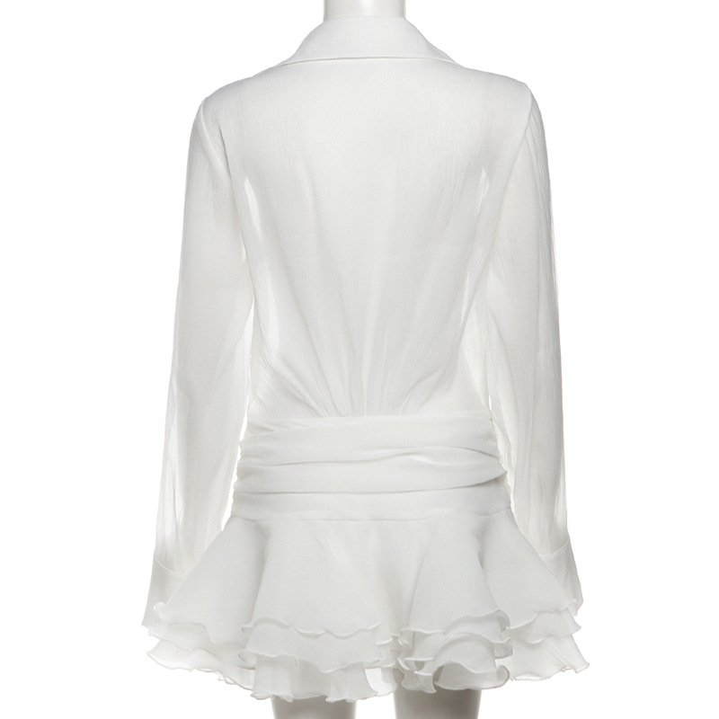 Summer New Arrival Ladies Long Sleeve Turndown Neck Casual Dress Sexy See Through Women Mini Dress
