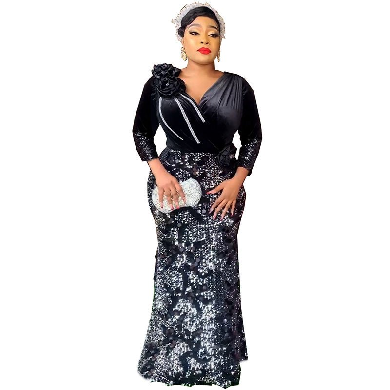 High Quality African Women Long Dress Luxury fashion Dress Slim-fit Velvet Flower Sequin Evening Party Dress