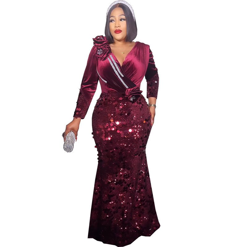 High Quality African Women Long Dress Luxury fashion Dress Slim-fit Velvet Flower Sequin Evening Party Dress