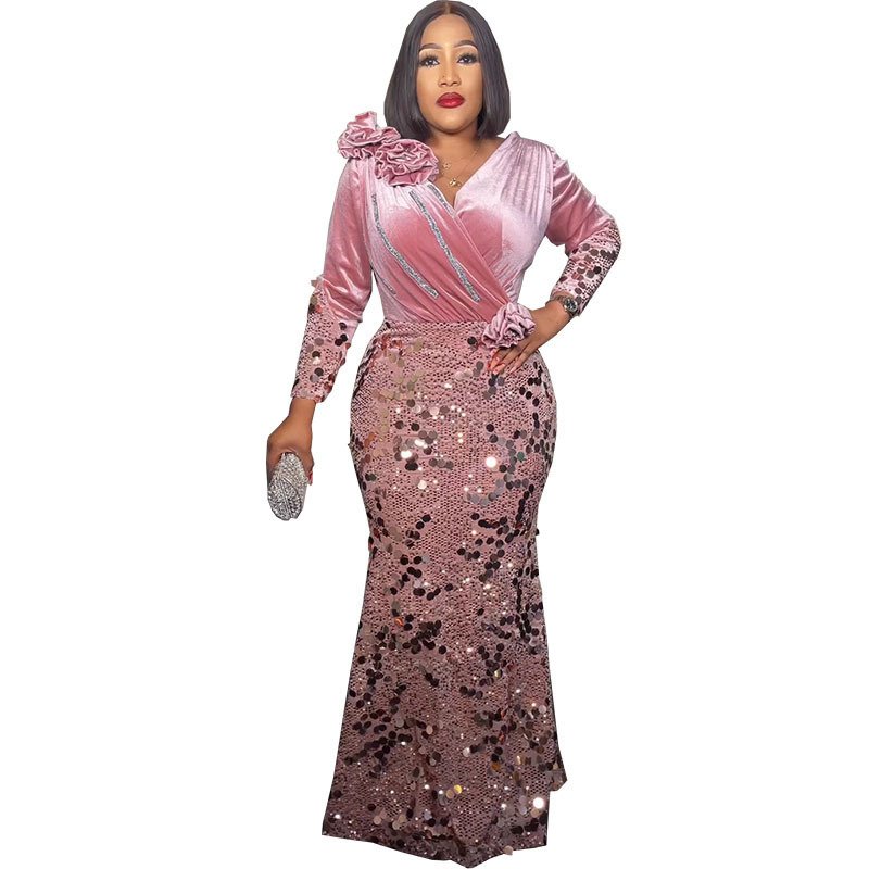 High Quality African Women Long Dress Luxury fashion Dress Slim-fit Velvet Flower Sequin Evening Party Dress