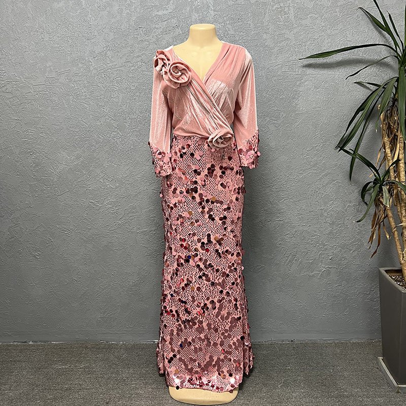 High Quality African Women Long Dress Luxury fashion Dress Slim-fit Velvet Flower Sequin Evening Party Dress