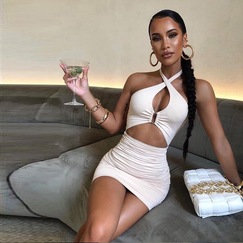 Summer Sexy Girls Ring Link Cut Out Plain Halter Crop Top Skirt Women Sleeveless Outfits Front Cut Ruched Bodycon Mini Dress