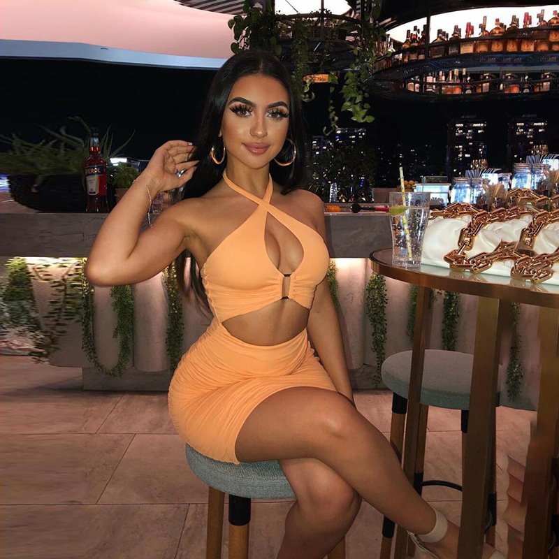 Summer Sexy Girls Ring Link Cut Out Plain Halter Crop Top Skirt Women Sleeveless Outfits Front Cut Ruched Bodycon Mini Dress