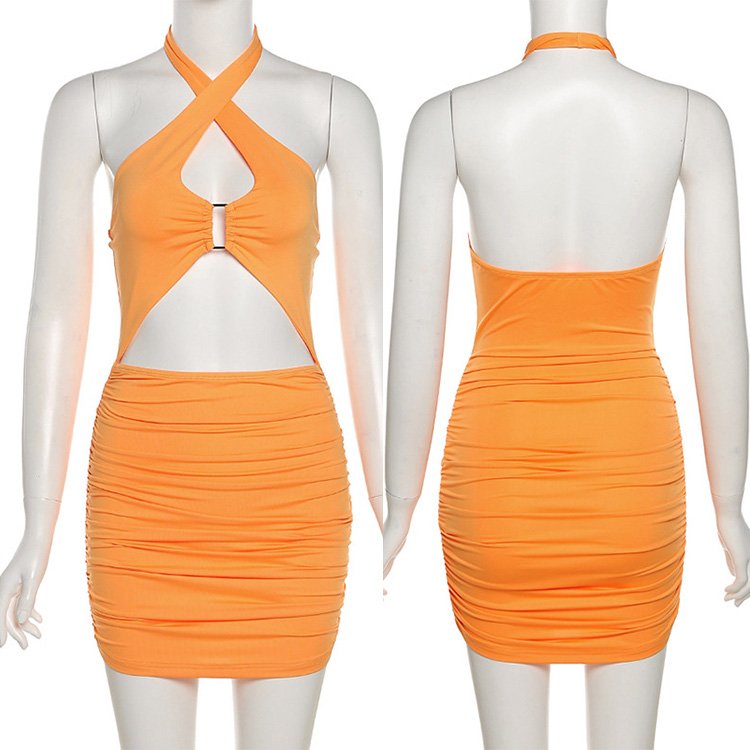 Summer Sexy Girls Ring Link Cut Out Plain Halter Crop Top Skirt Women Sleeveless Outfits Front Cut Ruched Bodycon Mini Dress