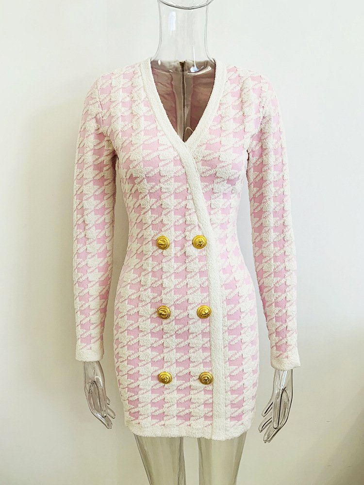 2024 new arrivals office lady dress golden button tweed fabric luxury dress women suit casual dresses