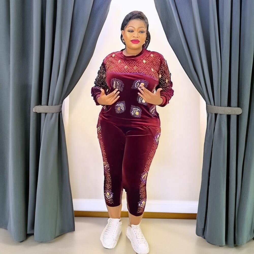 Stylish casual suit Casual Women Dress velvet Modern African Wear rhinestone Nigerian Dress In African Clothing