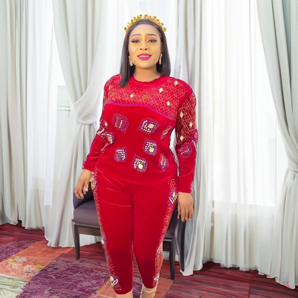 Stylish casual suit Casual Women Dress velvet Modern African Wear rhinestone Nigerian Dress In African Clothing