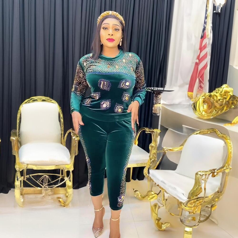 Stylish casual suit Casual Women Dress velvet Modern African Wear rhinestone Nigerian Dress In African Clothing