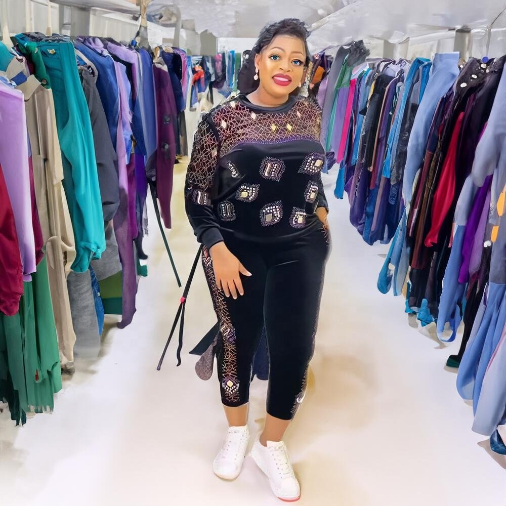 Stylish casual suit Casual Women Dress velvet Modern African Wear rhinestone Nigerian Dress In African Clothing