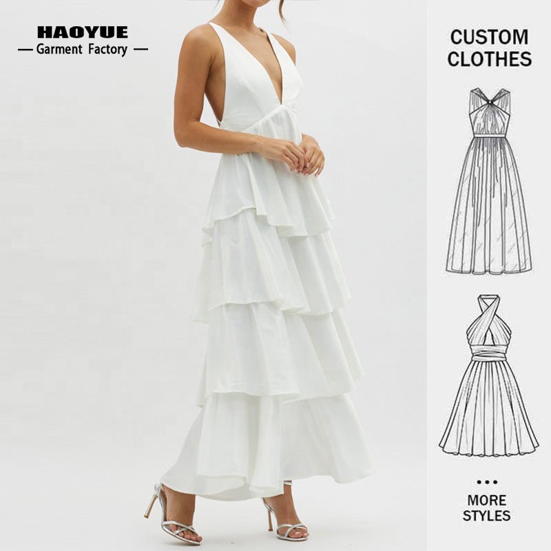 Clothing Manufacturer Custom Womens Backless Casual Dresses White Chiffon Ruffle Elegant Maxi Long Dress For Ladies