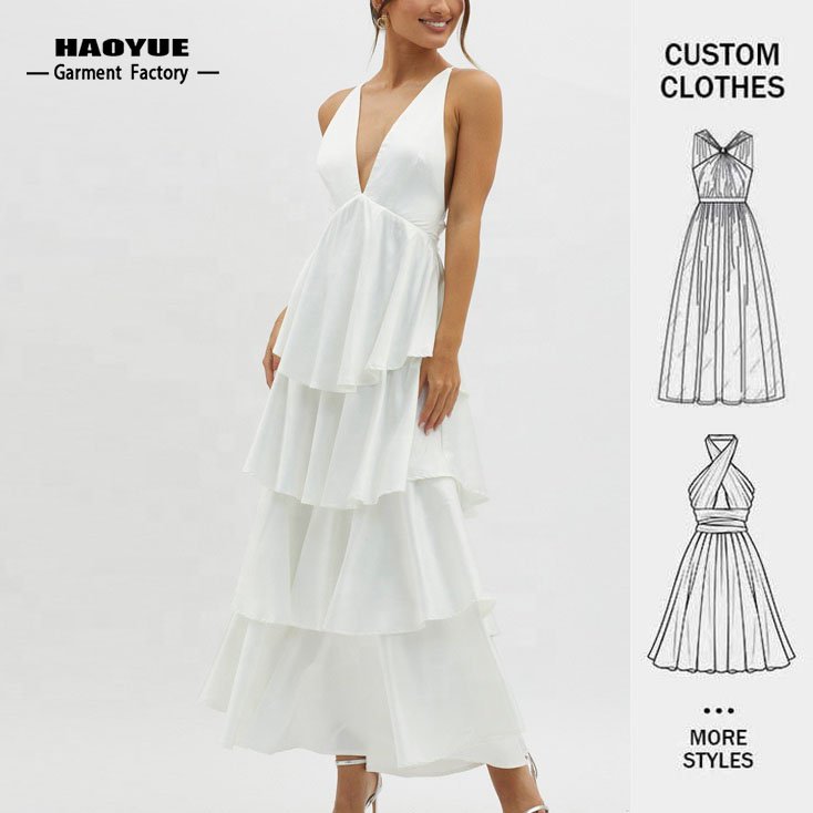 Clothing Manufacturer Custom Womens Backless Casual Dresses White Chiffon Ruffle Elegant Maxi Long Dress For Ladies