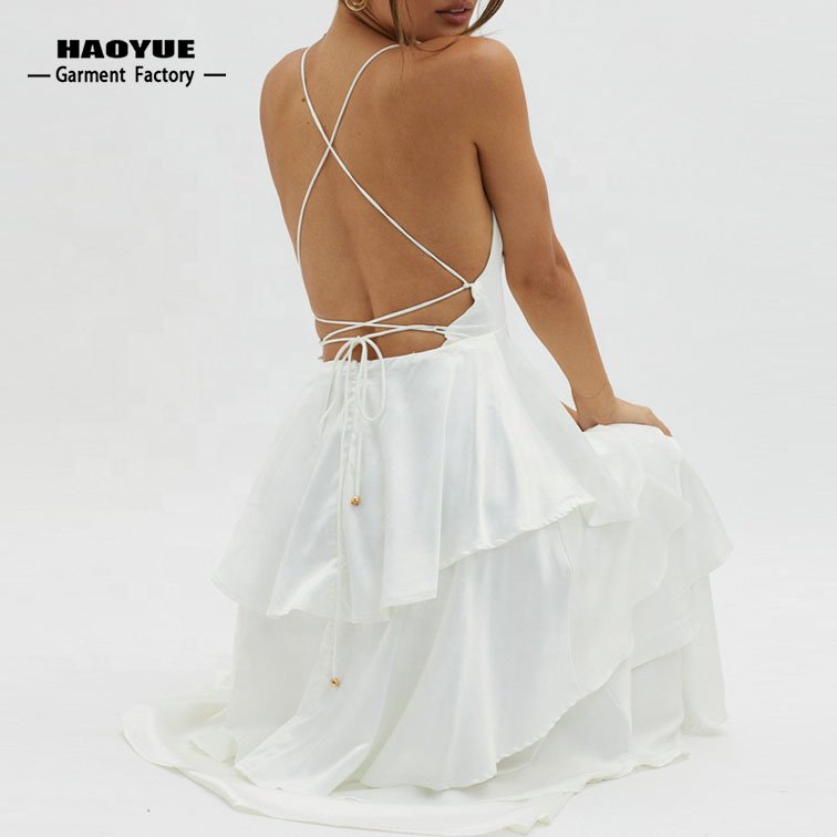 Clothing Manufacturer Custom Womens Backless Casual Dresses White Chiffon Ruffle Elegant Maxi Long Dress For Ladies