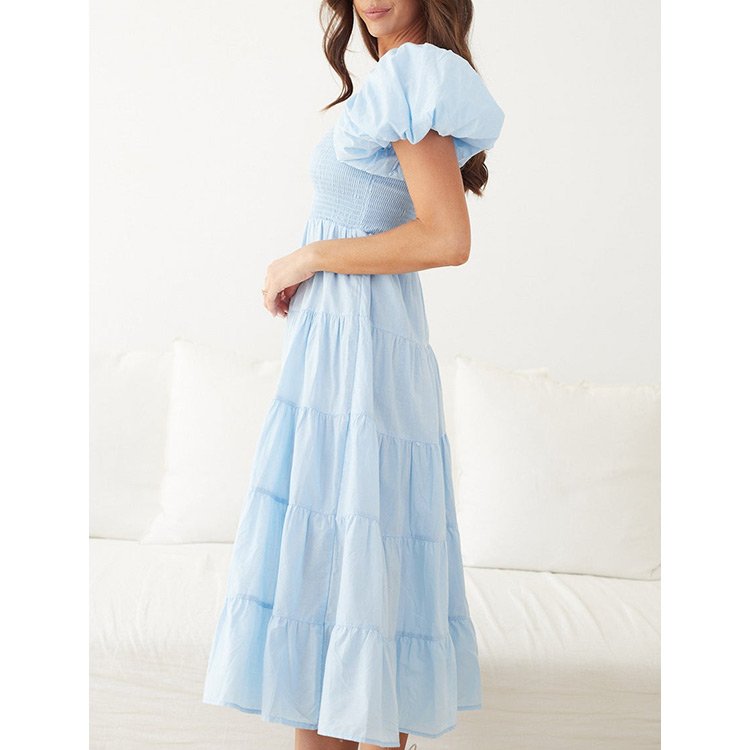 Oem Odm Dress Manufacturer Luxury Casual Dress Puff Sleeve Smocking Cotton Custom Women Pleated Dress Casual Summer