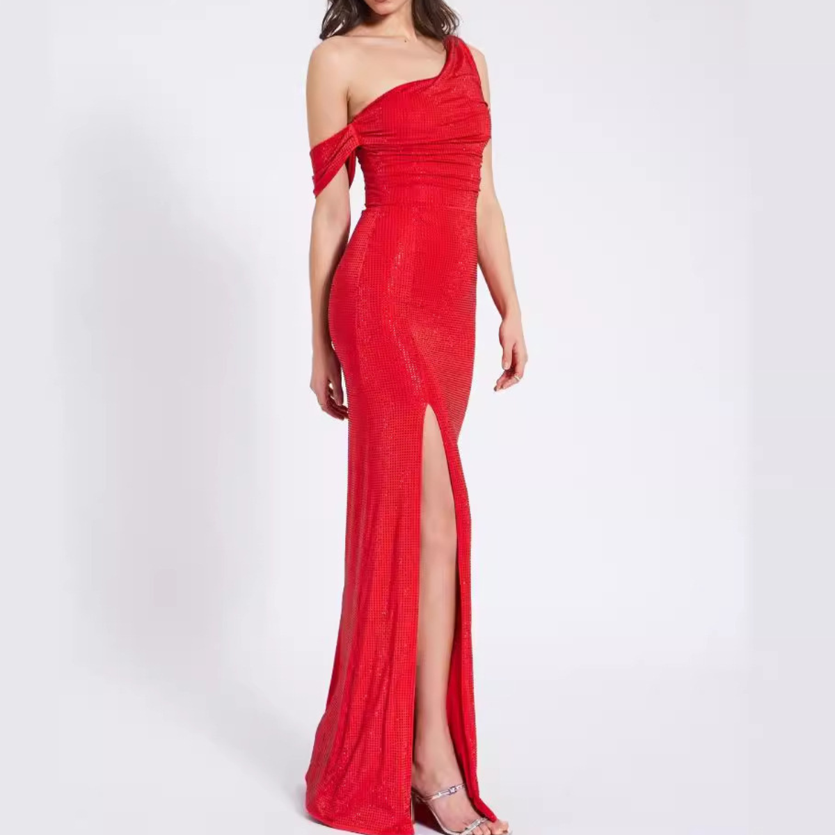 Ocstrade Ladies Evening Dresses Elegant Cocktail Dresses Fashion Shiny Rhinestone One Shoulder High Slit Sexy Red Casual Dress