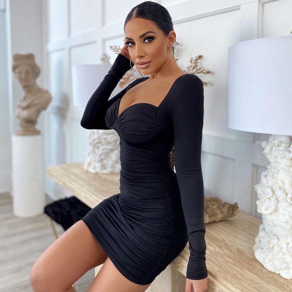 Wholesale Vintage Long Sleeve Pleated V Neck Bodycon Casual Women Mini Dress