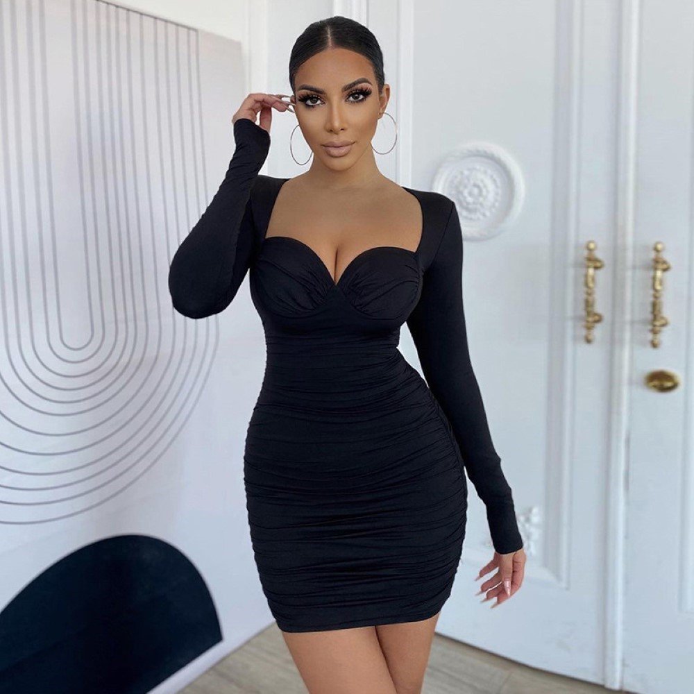 Wholesale Vintage Long Sleeve Pleated V Neck Bodycon Casual Women Mini Dress