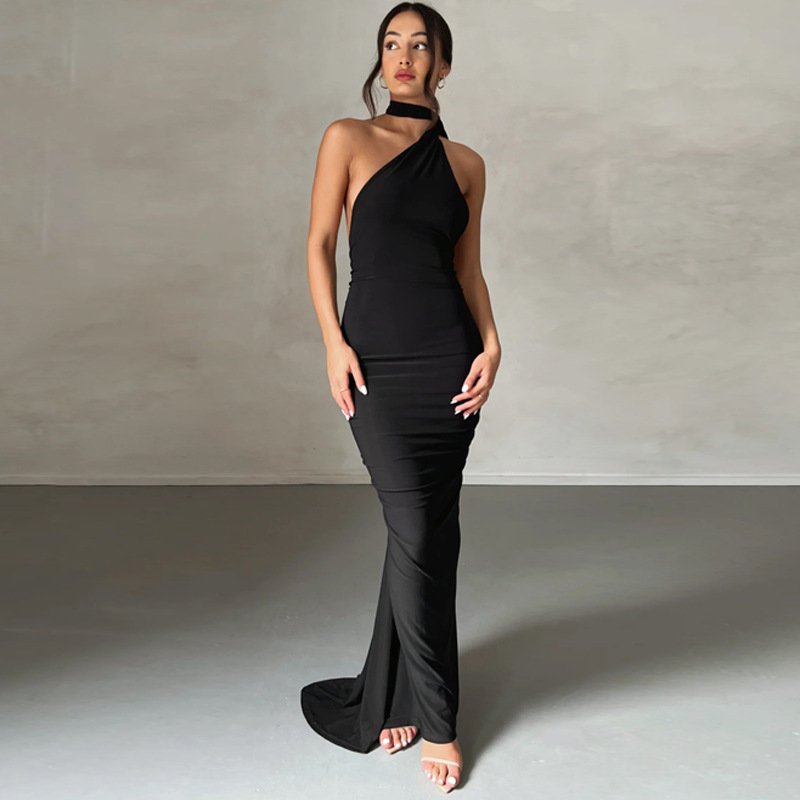Women's Sexy Elegant Backless Pleated Maxi Dress Metallic O-Ring Embellished Off Shoulder Prom Evening Gown