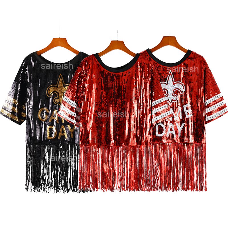 Saireish Custom Fleur De Lis Black And Gold Football Sequin Jersey Casual Dresses With Fringe
